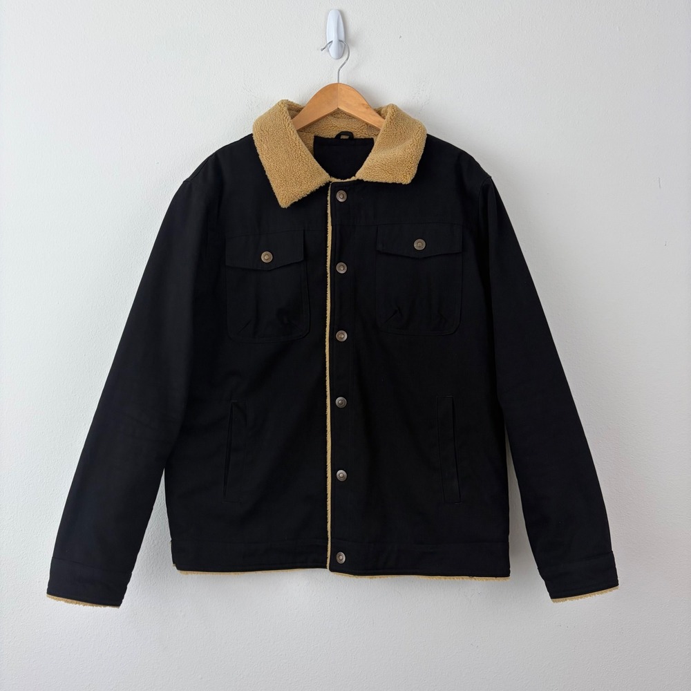 Gorpcore Mens Trucker Black Canvas Sherpa Lined Trucker Workwear Jacket Size M